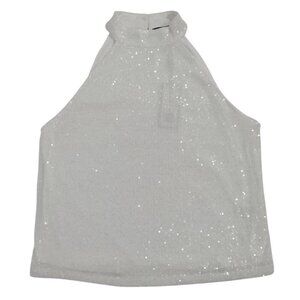 Sparkly White Sequin Halter Top With Button Closure & Open Back Design. L/G NWT.